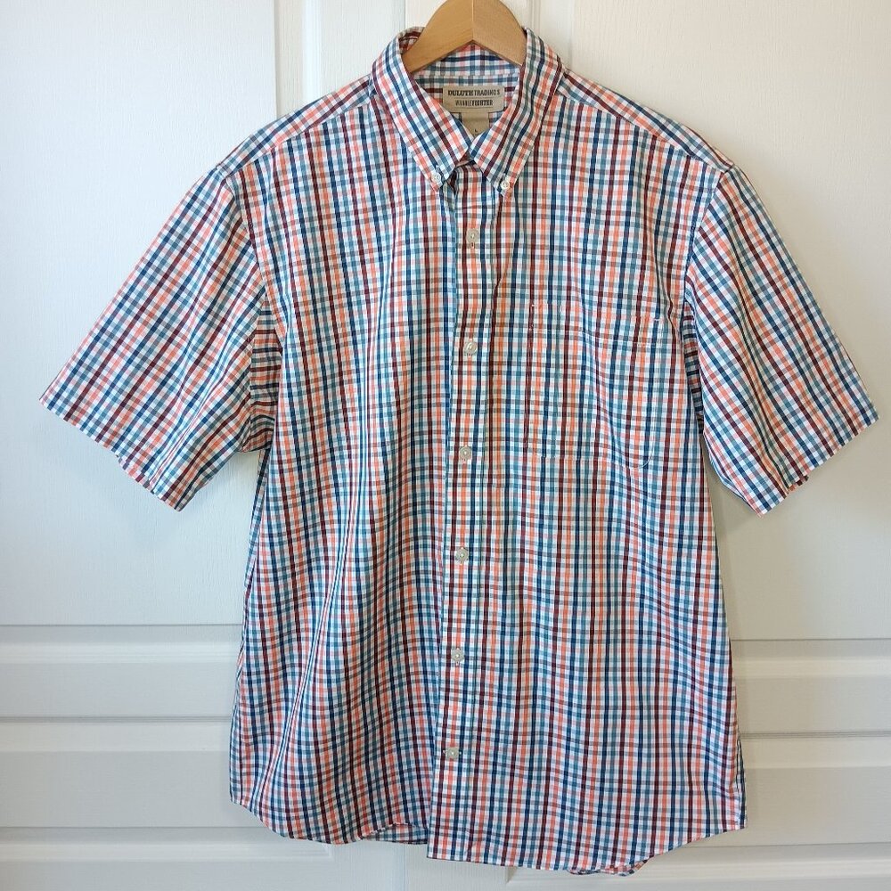 Duluth Men's Gray Check Wrinklefighter Relaxed Fit Short Sleeve Shirt Size L